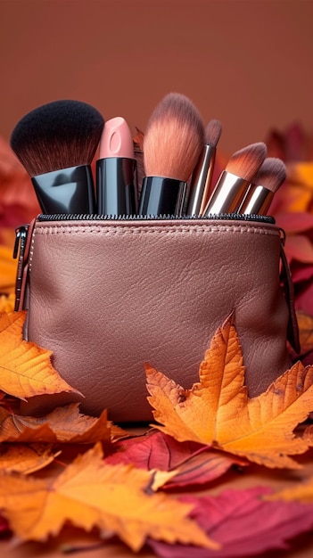 Chic cosmetic bag with makeup tools and autumn leaves arrangement Vertical Mobile Wallpaper