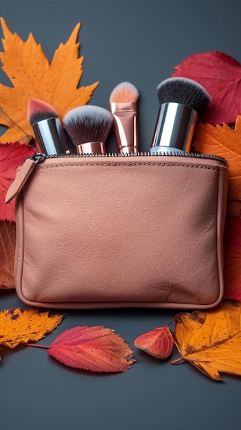 Chic cosmetic bag with makeup tools and autumn leaves arrangement Vertical Mobile Wallpaper