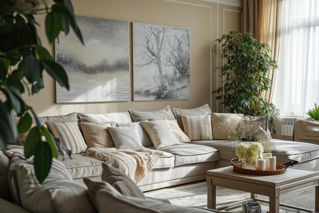Photo chic cosy beige and gray living room with elegant furniture and modern decor