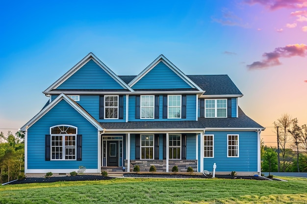 A chic cyan blue house with siding situated on an expansive suburban lot equipped with traditional windows and shutters under a clear vibrant sky