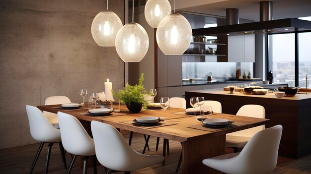 Chic Dining Area with White Pendant Lamps