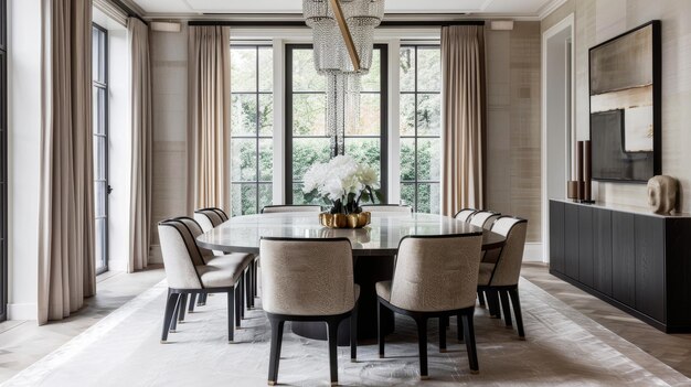 A chic dining room with a statement chandelier and a sleek modern table AI generated illustration