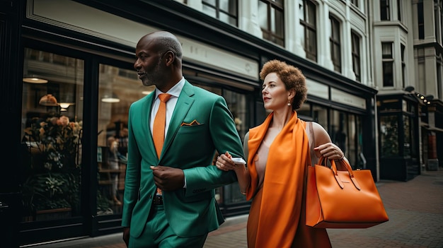 Chic Duo with Orange and Green Bags