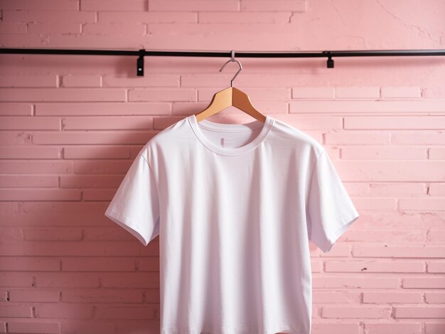 Foto t-shirt bianca per fotografia editoriale chic appesa al muro rosa