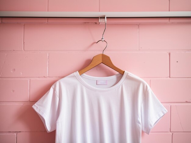 Photo chic editorial photography white tshirt hanging on pink wall