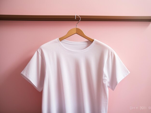 Photo chic editorial photography white tshirt hanging on pink wall