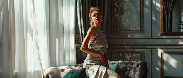 写真 シック エレガンス 魅力 的 な  の 美しい 女性 は,豪華 な 家 の インテリア で ファッショナブル な 服装 を 披露 し て い ます