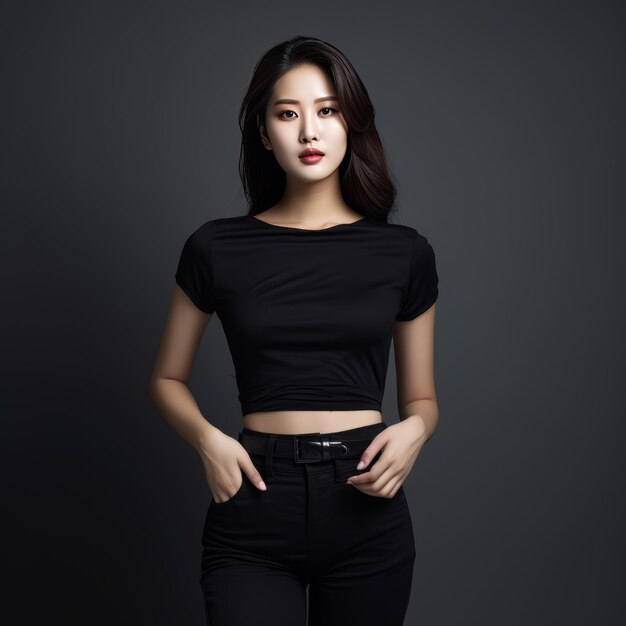 Chic Elegance Captivating Photo Shoot of a Young Kpop Woman in a Sophisticated Black Ensemble