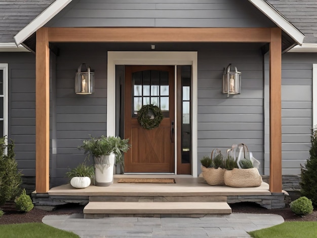 Photo chic elegance grey modern farmhouse with woodpaneled entry