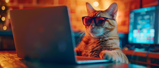 Photo chic feline programmer in stealth mode concept fashionable tech cat lover software development work from home style and technology