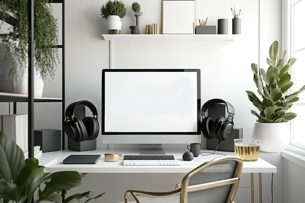 A chic home studio area complete with a computer equipment and headphones working from home idea a text only screen with blank space