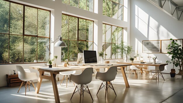 写真 シックなインダストリアルエレガンスが白と茶色を組み合わせた、風通しの良い明るいオフィス環境