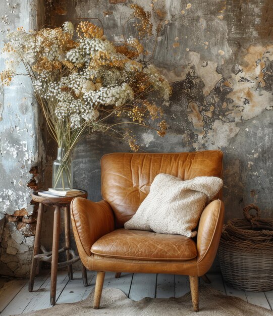 Chic interieur met lederen fauteuil en gedroogde bloemen