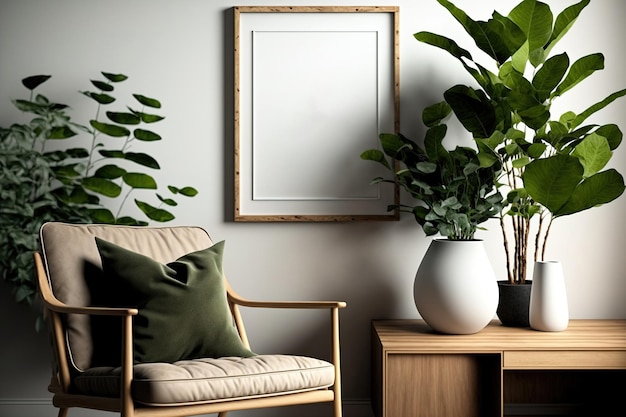 A chic interior design for a living room includes a mock up poster frame