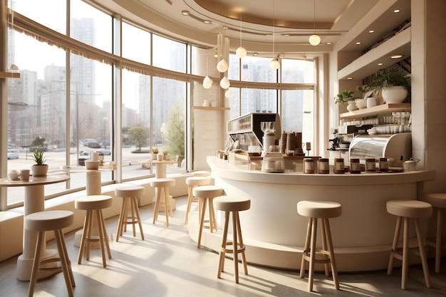 モダンなデザインと光沢仕上げのシックな韓国風カフェ Generative Ai