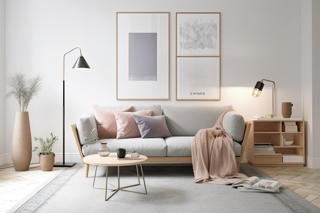 A chic living room arrangement featuring a mock up poster frame a grey sofa wooden furniture and personal items neutral pastel colors Template