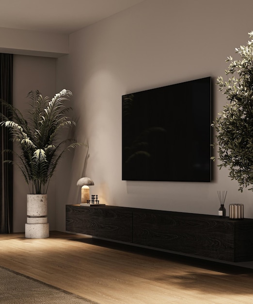 Chic living room corner with mounted tv and greenery