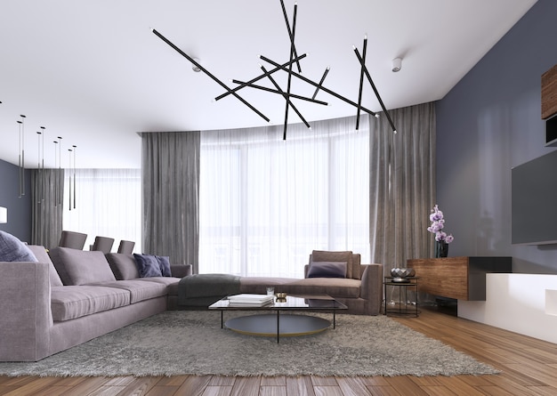 Chic living room filled with built-in cabinets, violet corner sofa, soft sofa facing two low tables and window wall. Contemporary style. 3d rendering.