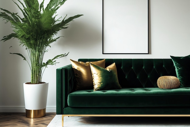 A chic living room with a green velvet sofa a gold coffee table a plant