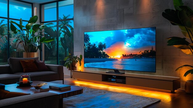 Photo chic living space interior design with tv as focus