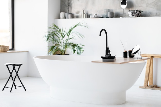 Chic minimalist bathroom with modern striking freestanding tub interior shot