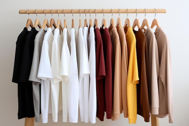 Шикарная минималистская одежда, женские блузки и футболки39, висящие на белом фоне AI