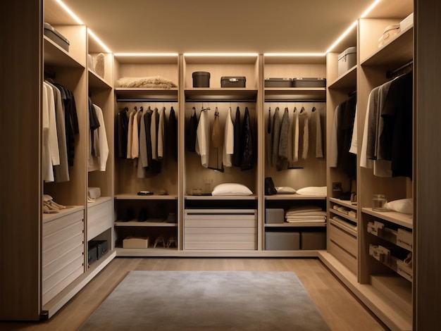 Chic and minimalist dressing room in light wood tones Generative AI