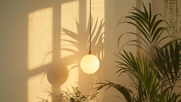 Foto camera minimalista chic con una calda luce pendente luminosa e vegetazione