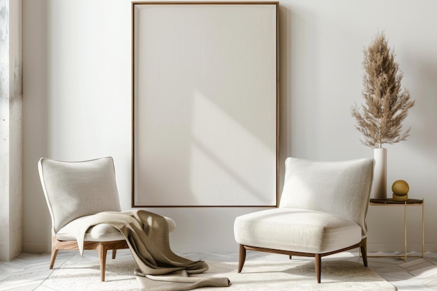 A chic mockup featuring a blank canvas between two modern armchairs accented by a pampas grass vase