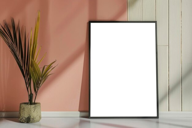 A chic mockup of a framed poster on a pink wall flanked by an exotic plant capturing the interplay of light and shadow