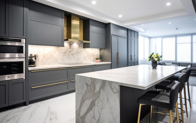 A chic modern kitchen with a white marble counter ai generated