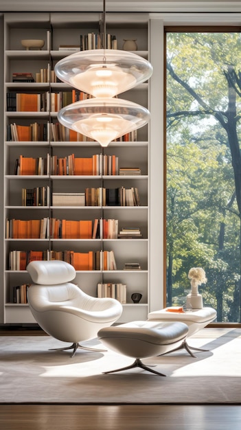 Chic modern library interior with tiered pendant lights white leather seating neatly arranged books