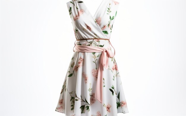 Chic and Modern Summer Wrap Dress with a Floral Against White Background