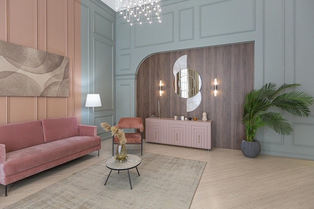 Шикарный современный модный дизайн интерьера квартиры модные зеленые и пудрово-розовые стены стильное освещение и огромные панорамные окна