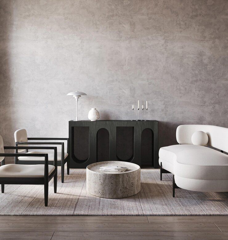 Photo chic monochrome living space with modern furniture and textured wall finish