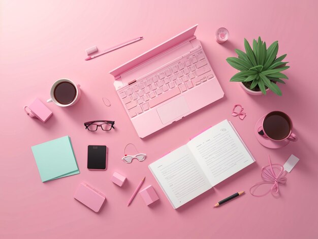 Photo chic and organized top view of office pink table desk with copy space