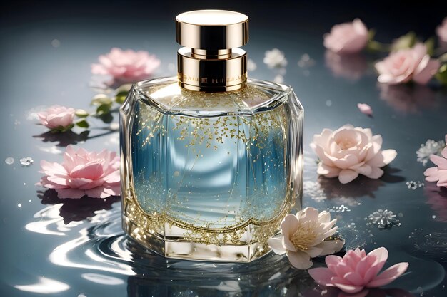 Chic perfume bottle amidst crystallized water and flowers light points shine elegant