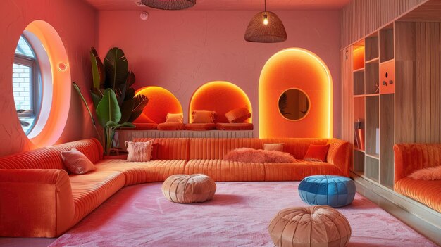 Photo a chic pet area with neon peach lighting and stylish pet furniture