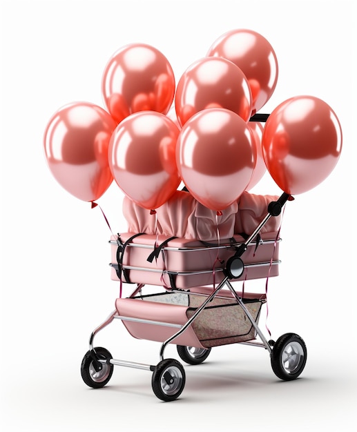 Chic Pink Baby Stroller Adorned with Black Balloons on a White Canvas