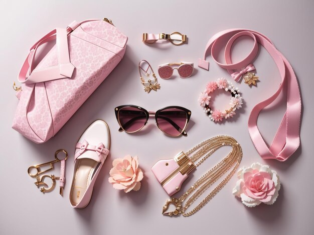 ピンクのファッションでシックな女性のアクセサリーセット スタイリッシュなフラットレイエクストラバガンザ