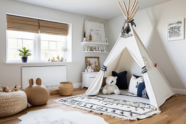 Foto chic e giocoso incorporando un teepee bianco per un elegante rifugio per bambini