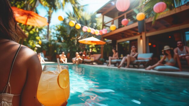 Foto una chic soirace in piscina con gli ospiti che si sdraiano sulle cabane e sorseggiano cocktail colorati sotto il sole