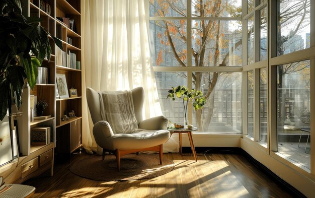 Chic reading nook with modern furniture and morning light