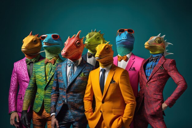 Foto chic reptilian collective kleurrijke en modieuze antropomorfe groep