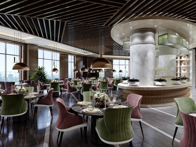 A chic restaurant with a modern design and trendy furniture in green and burgundy colors