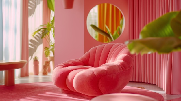 Chic roze interieur met een moderne fauteuil en natuurlijke accenten