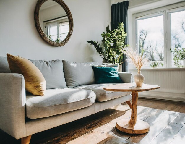 Chic Scandinavian aesthetics shine in this interior with a stylish sofa and vase offering a perfect