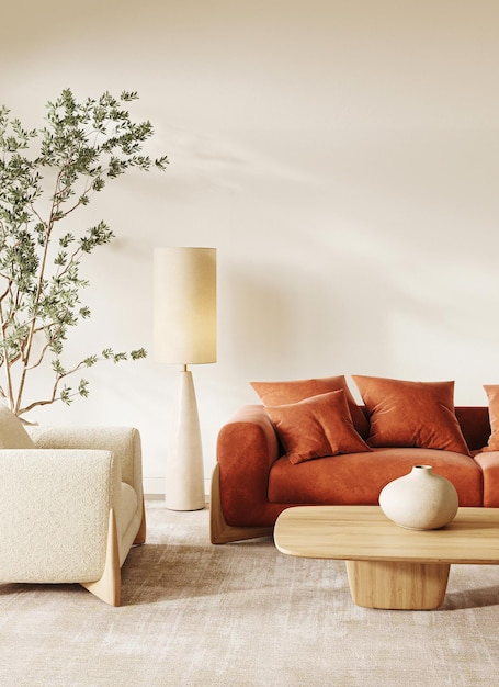 Chic Scandinavische woonkamer met een terracotta bank en slanke witte vloerlamp d render