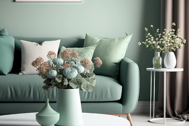 A chic and simple interior design featuring a mint sofa pillow wooden cube