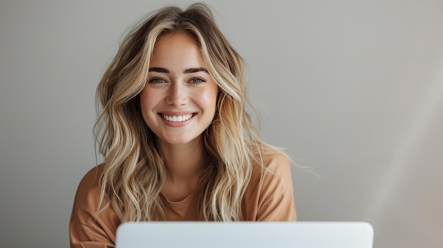 Chic simplistic studio images of a joyful lady sprawling over a sofa with a laptop Generative AI